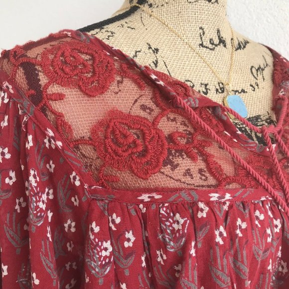 Free People Red Floral Peasant Tunic Dress Lace M - Picture 3 of 11